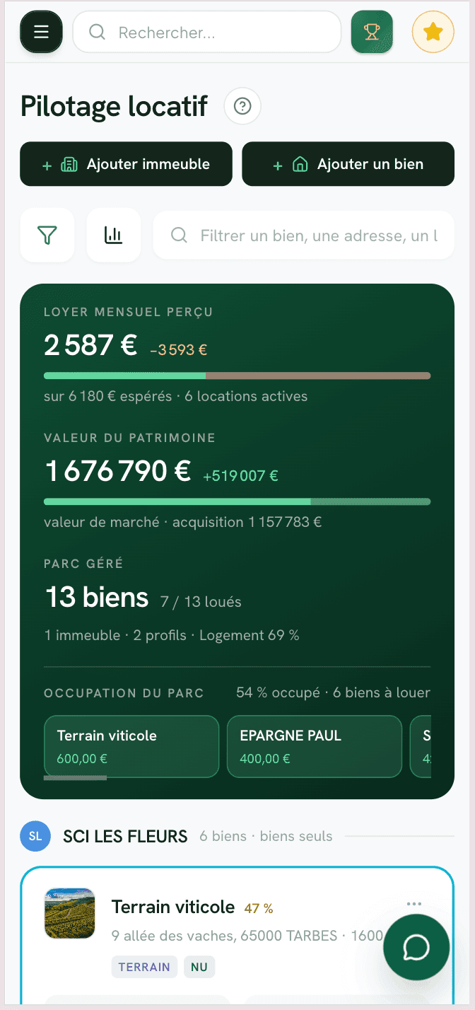 RentLabs sur téléphone : la liste des biens, leur valeur et les alertes en cours