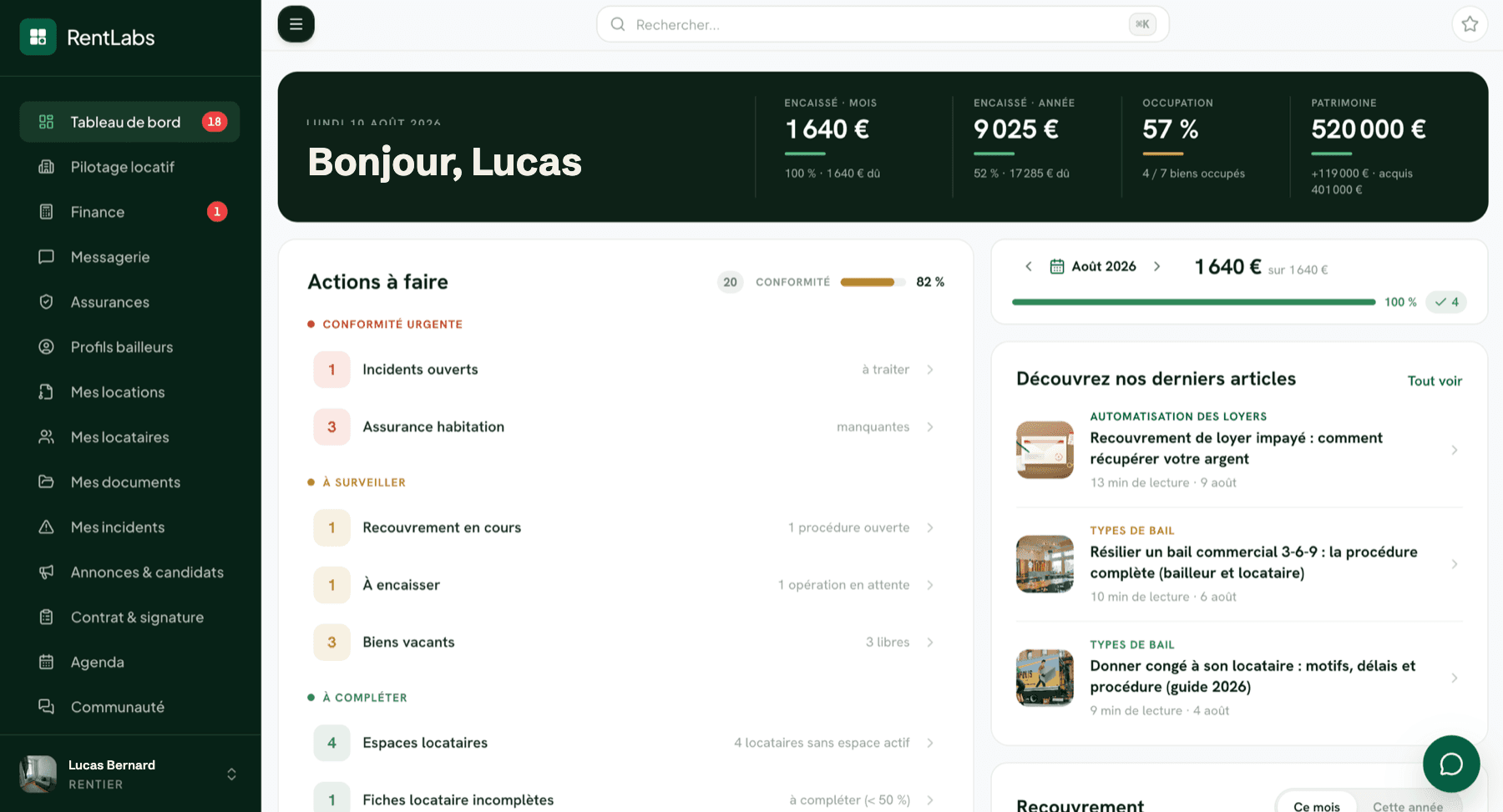 Tableau de bord RentLabs sur ordinateur : encaissements du mois, taux d'occupation, valeur du patrimoine et actions à traiter